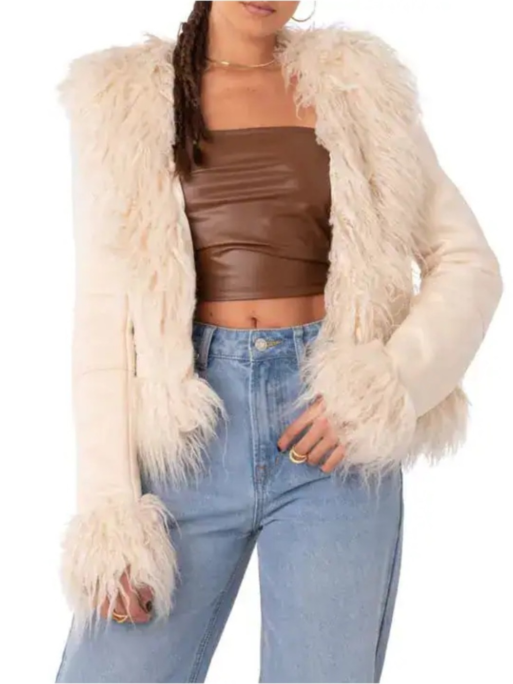 Edikted Faux Fur Trim Coat Small Y2K 70’s Festival Hippie Boho Jacket Beige Cozy